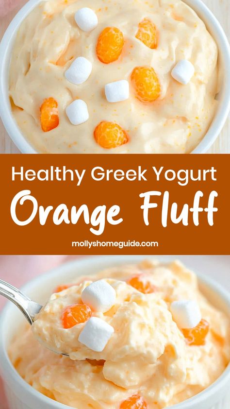 Indulge in a delightful and refreshing treat with this light and fluffy Greek yogurt orange fluff recipe. Made with creamy Greek yogurt, tangy orange flavors, and a hint of sweetness, this dessert is perfect for satisfying your sweet cravings without feeling guilty. Whether enjoyed as a snack or served at your next gathering, this dessert is sure to be a crowd-pleaser. Ww Yogurt Recipes, Orange Fluff With Greek Yogurt, Plain Yogurt Uses, Cool Whip Desserts Healthy, Desserts With Yogurt, Greek Yogurt Dessert Healthy, Fage Yogurt Recipes, Fluffy Yogurt, Recipes With Greek Yogurt