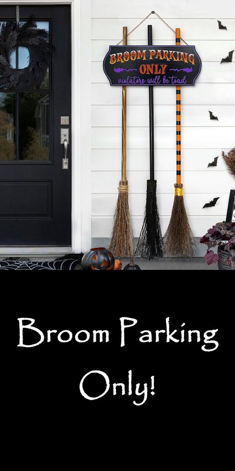 Witches Lair Halloween Decorations, Wooden Halloween Decorations Outdoor, Witches Parking Sign, Broomstick Parking Sign, Broom Parking Sign Diy, Hocus Pocus Outdoor Decorations, Witch Broom Parking, Broom Parking Sign, Wooden Halloween Decorations