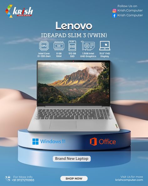 Upgrade your everyday computing with the brand new Lenovo IdeaPad Slim 3 (VWIN)! 💻 Powered by Intel Core i3-12th Gen, 8GB RAM, 512GB SSD, and a 15.6” FHD display, it’s perfect for both work and play. Plus, with Windows 11 and Office pre-installed, you're ready to get started right out of the box! Shop now at krishcomputer.com or call +91 9727270993 for more details. [Lenovo IdeaPad, Krish Computer, Intel Core i3, SSD Laptop, Windows 11, Office Pre-installed, FHD Display, Laptop Deals, Work ... Laptop Deals, Laptop Windows, Office Branding, Lenovo Ideapad, New Laptops, Windows 11, Intel Core, Ram, Get Started