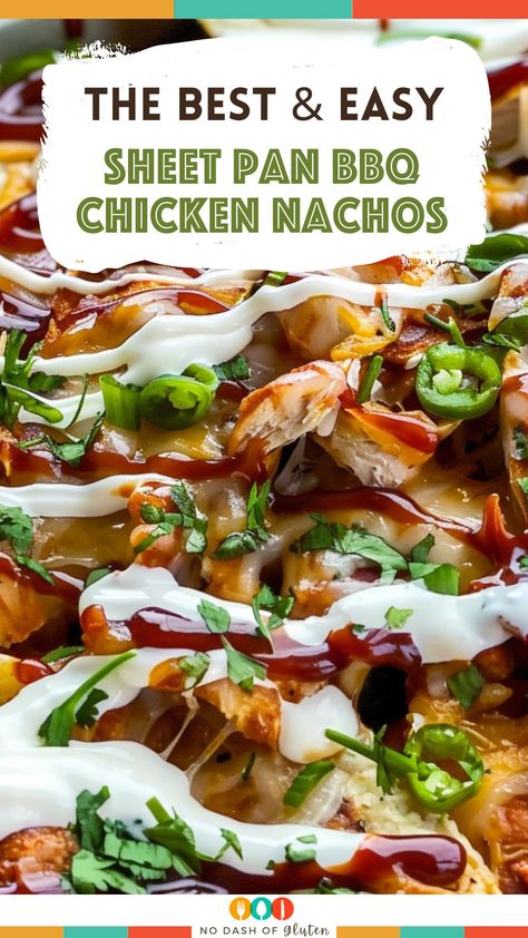 Craving something quick and delicious? Try these Easy Sheet Pan BBQ Chicken Nachos! Loaded with BBQ chicken, melted cheese, and a kick of jalapeños. Perfect for game night or a quick dinner. Ready in just 20 minutes! Pin now and make them tonight! Sheet Pan Bbq Chicken, Pan Bbq Chicken, Best Spaghetti Recipe, Nachos Loaded, Bbq Chicken Nachos, Chicken Nachos Recipe, Gluten Free Holiday Recipes, Crispy Chips, Gluten Free Sides