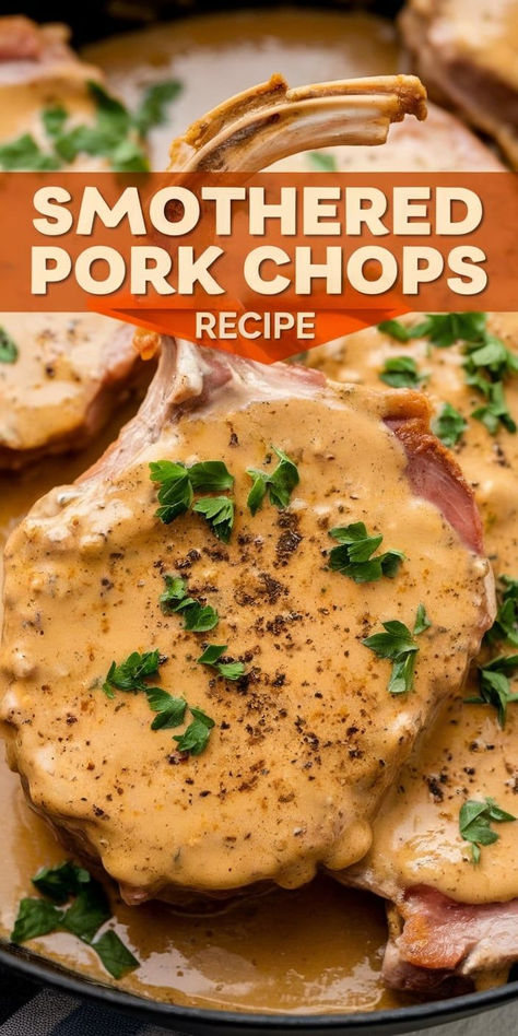 These Smothered Pork Chops are cooked to perfection in a creamy, flavorful gravy. A one-pan recipe that's perfect for busy weeknights! Instapot Pork Chops With Gravy, Pressure Cooker Smothered Pork Chops, Recipes For Tender Pork Chops, Pork Chops And Gravy Oven, Gravy For Pork Chops, Smothered Pork Chops In Oven, Instapot Pork Chops, Easy Smothered Pork Chops, Dutch Oven Pork Chops