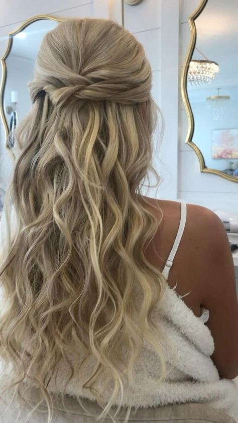 Ball Hair Half Up Half Down, Half Back Formal Hair, Prom Hair For Blondes, Prom Hair Styles Medium Hair, Bridesmaid Hair Inspo Half Up Half Down, Formal Hair Half Up Half Down, Prom Hairstyles Blonde, Half Up Half Down Volume, Simple Homecoming Hair