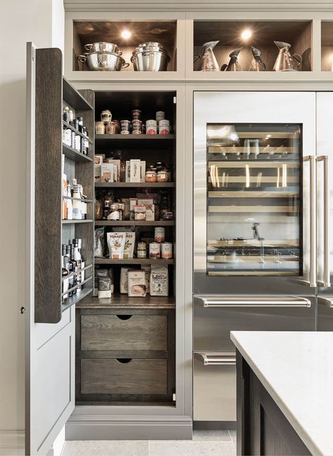 With special hinges that allow them to be opened to 180 degrees, bespoke pantry cupboards by Tom Howley make finding kitchen essentials a breeze. Kitchen Larder Cupboard, Modern Grey Kitchen, Open Cabinet, Kitchen Larder, Larder Cupboard, Pantry Cupboard, Kitchen Pantry Design, Kitchen Pantry Cabinets, Best Kitchen Designs