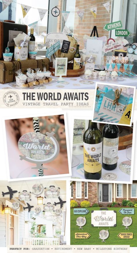 The World Awaits Vintage Travel Theme Party Ideas - PERFECT FOR: GRADUATION • RETIREMENT • NEW BABY • MILESTONE BIRTHDAY | BigDotOfHappiness.com Travel Party Decorations, Travel Theme Party, Vintage Graduation Party, Vintage Travel Party, Vintage Party Ideas, Bon Voyage Party, Vintage Travel Themes, Vintage Graduation, Theme Party Ideas