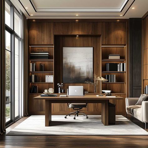 20+ Wall Wood Paneling Ideas to Create a Captivating Home Aesthetic • 333+ Images • [ArtFacade] Wooden Office Design, Office Ideas For Work Business Decor, Wall Wood Paneling Ideas, Wall Wood Paneling, Wood Paneling Ideas, Executive Office Design Interior, Classic Home Office, Walnut Office, Executive Office Design