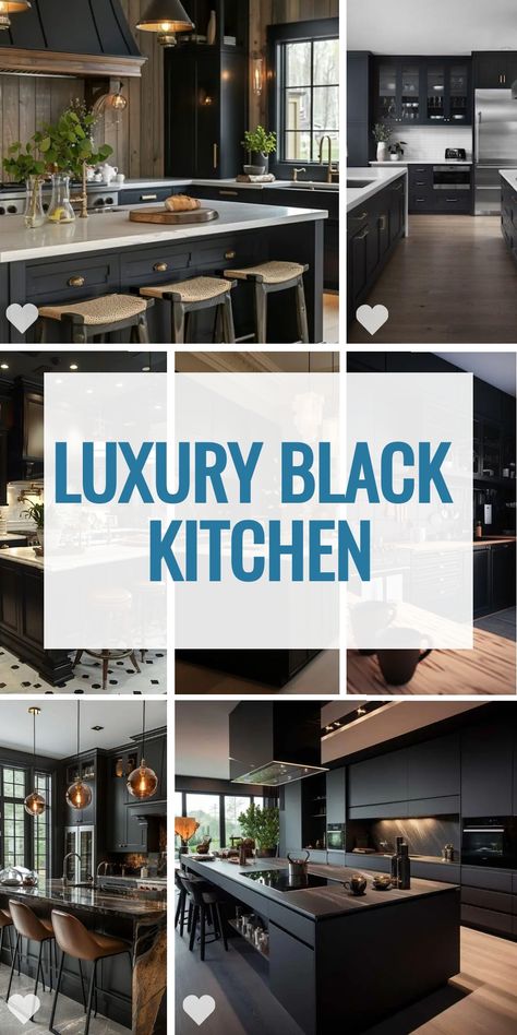 Update your home with these breathtaking luxury black kitchen design ideas. Tailored for the sophisticated palette, these kitchens use fixtures and sinks that speak of high-quality craftsmanship. With a focus on modern mansions, each kitchen layout is designed to impress and inspire. Kitchen Ideas Modern Luxury Black, Black And Gold Kitchen Ideas, Modern Black Kitchen Design, Black White And Gold Kitchen, Luxury Black Kitchen, All Black Kitchen, Black Kitchen Ideas, Black And Gold Kitchen, Black Cabinetry