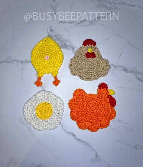 Chicken Coaster PATTERN Set4 Patterns Includedfried Egg - Etsy Australia Crochet Chicken Coaster, Chicken Coaster, Coaster Pattern, Crochet Chicken, Mini Crochet, Pattern Brands, Side Profile, Crochet Patterns For Beginners, Fried Egg