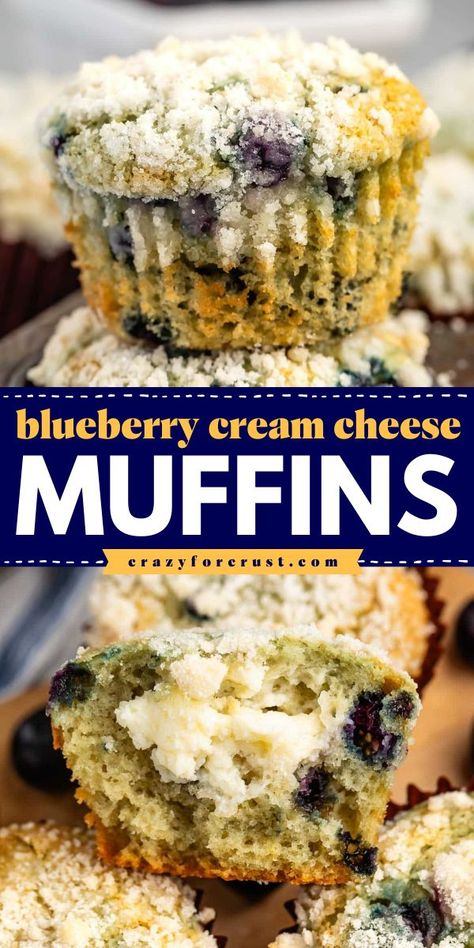 An easy brunch recipe featuring blueberry muffins with cream cheese filling. Complete with a streusel topping, these are the BEST Blueberry Cream Cheese Muffins. Save this simple breakfast idea! Mini Muffin Recipes, Muffins With Cream Cheese Filling, Xmas Breakfast, Muffins With Cream Cheese, Blueberry Cream Cheese Muffins, Breakfast Baking, Blueberry Muffin Recipe, Blueberry Muffins Recipe, Best Blueberry Muffins