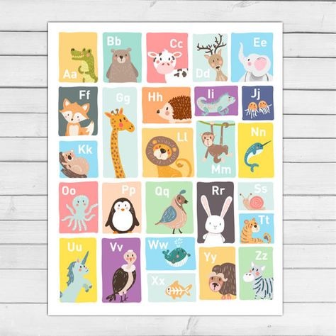 Alphabet wall art Alphabet animals Alphabet by Anietillustration Abc Prints, Alphabet Wall Decals, Animal Kids Room, Alphabet Animals, Art Alphabet, Alphabet Wall Art, Abc Poster, Alphabet Wall, Whimsical Wonderland