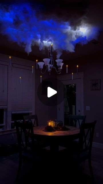 Savannah |All Things Home| on Instagram: "COMMENT “Thunder” for a supply list!! 

⚡️⛈️The viral thunder storm ceiling ⛈️⚡️
I AM OBSESSED!!! 

This was such an easy project and I couldn’t stop watching the storm in my mom’s dining room. We throw our annual Halloween party down at her house because I live so remote. If I could convince her to keep this up all year…. I would 👻

ALL supplies are in my Amazon store front! 
•
•
•
•
•
•
•
#diy #halloweenideas #spookyseason #homedecor #halloweendiy #halloween #halloweencrafts #halloweendecor #gothicdecor #thundercloud #harrypotter" Storm Ceiling, Thunder Storm, Annual Halloween Party, Medieval England, Spooky Halloween Decorations, All Saints Day, Supply List, Amazon Store, Gothic Decor