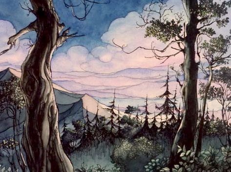 The Hobbit Cartoon 1977, Hobbit Cartoon, The Hobbit Cartoon, The Hobbit Animated, The Hobbit 1977, Cartoon Landscape, Beautiful Animation, Art Study, Environment Art