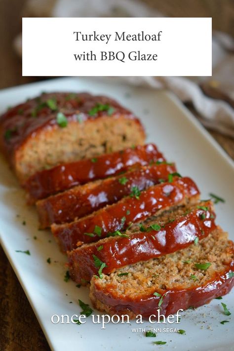 Turkey Meatloaf with BBQ Glaze  Generously seasoned and topped with a BBQ glaze, this turkey meatloaf is full-flavored and satisfying. A family favorite! Ground Turkey Meatloaf Recipes, Bbq Turkey Meatloaf, Ground Turkey Meatloaf, Turkey Meatloaf Recipes, Beef Meatloaf, Bbq Turkey, Once Upon A Chef, Healthy Turkey, Turkey Meatloaf