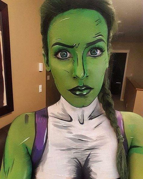 A green throwback for #stpatricksday   luckily I've gone the whole day without getting pinched!  #shehulk #selfie #fbf #comicmakeup #cosplay #bodypaint #bodyart Hulk Makeup, She Hulk Costume, Derby Makeup, Tank Girl Cosplay, She Hulk Cosplay, Hulk Face, Superhero Day, Comic Makeup, Random Poses