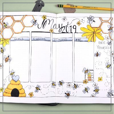 May bullet journal spread with a bee theme. Get inspired to doodle and create a May layout that celebrates honey bees and flowers. #maybulletjournal #bulletjournal #savethebees May Bullet Journal, Happy Planner Layout, Bullet Journal Paper, Dot Journals, Bullet Journal Themes, Bullet Journal Art, Journal Themes, Planner Layout, Bullet Journal Spread