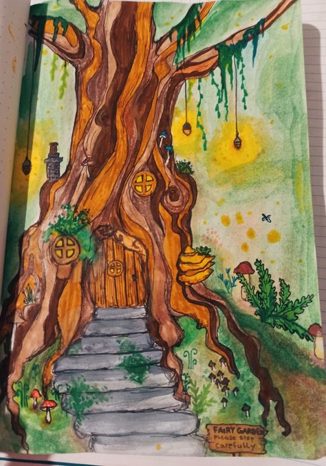 Drawing Ideas Fairy Core, Fairy Cottage Drawing, Fairy Core Drawing, Fairycore Drawing, Enchanted Drawing, How To Draw Fairies, Log Drawing, Fairytale Drawings, Cottage Drawing