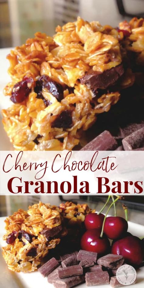 Cherry Chocolate Granola Bars made with old fashioned oats, dried cherries, honey and chocolate chips make the perfect breakfast or afternoon snack.  #desserts #sweets #granolabars Dark Chocolate Cherry Granola Bars, Recipes Using Dried Fruit, Recipes With Dried Cherries, Recipe Using Dried Cherries, Cherry Oatmeal Bars, Dried Cherry Recipes, Granola Bark, Cherries Recipes, Trail Snacks