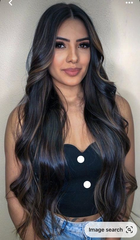 Black Hair With Highlighted Extensions, Long Black Balayage Hair, Balage Highlights On Dark Hair, Brown Boliage Hair On Black Hair, Black With Babylights, Black Caramel Hair, Highlights For Jet Black Hair, Long Dimensional Brunette, Long Black Hair Balayage