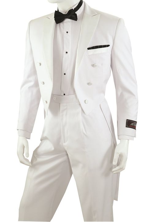 <div><div><div><p>Tuxedo with Tails</p> <p>6 Button Jacket</p> <p>Peak Lapel</p> <p>Single Pleated Pants</p> <p>Polyester / Rayon</p> <p>Dry Clean Only</p> <p>Imported</p> <p>All sizes displayed are jacket sizes. All suits come with pants lined to the knee. All pant sizes will be 6 inches smaller than the jacket size. For example a 42 jacket will come with a 36 waist pant. All pants will b Fae King, Collar Bar Shirt, White Blazer Men, Mens Double Breasted Blazer, Tuxedo With Tails, White Tux, Modern Fit Suit, Men's Tuxedo, French Cuff Dress Shirts