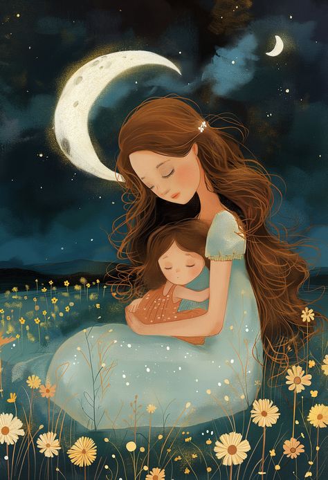 Immerse yourself in the whimsical beauty of our Mother's Day Digital Art - a perfect choice for a loving, heartfelt Mother's Day gift, instantly available for digital download! Witness the tenderness of a mother-daughter bond brought to life in an elegant and serene nightscape. Begin the journey with a high resolution digital download of our dreamy illustration - a unique Mother's Day art gift that can be instantly downloaded to adorn any space your mom cherishes. No need to wait for shipping. S Painting Of Mother And Daughter, Mom And Daughter Art Illustrations, Mother Love Pictures, Life Journey Illustration, Mother Illustration Art, Mom Daughter Art, Mom And Daughter Illustration, Waiting Illustration, Mother Daughter Illustration