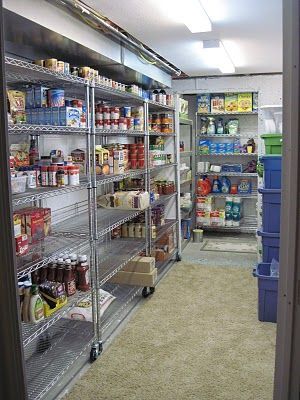 Walk in Food Pantry Walk In Storage Room, Food Storage Rooms, Food Storage Shelves, Restaurant Kitchen Design, Commercial Kitchen Design, Storage Room Organization, Food Storage Organization, Basement Storage, Kitchen Pantry Design