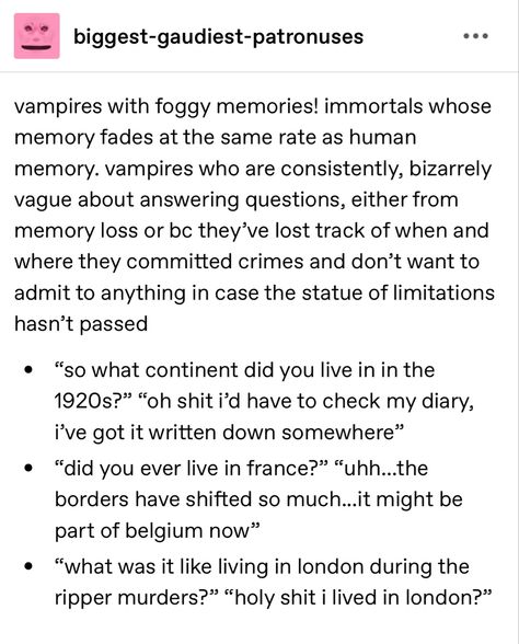 Vampire Lore Ideas, Vampire X Human Aesthetic, Vampire Character Prompt, Urban Fantasy Story Ideas, Writing Vampires, Vampire Headcanon, Vampire Prompts, Vampire X Human, Urban Fantasy Prompts