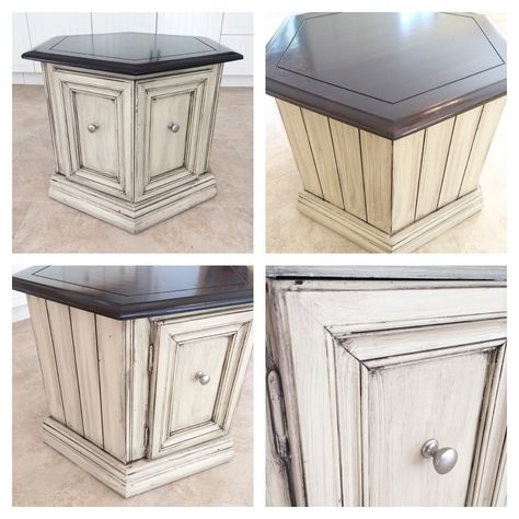 Octagon end table refinished in Rethunk Junk paint French vanilla with dark glaze and stain top. #ourjunkyourtrunk #breakthechalkhabit #rethunkjunk Boho Side Tables, Bedroom Makeover Boho, Side Table Ideas, Rethunk Junk Paint, Rethunk Junk, End Table Makeover, Octagon Table, Western Furniture, Furniture Rehab