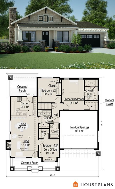 Architectural plans for a small craftsman bungalow 1200sft houseplans plan #444-36 Small Craftsman Bungalow, House Plans With Garage, Loft Bedrooms, House Upgrades, Granny Flats, Craftsman Bungalow, Compact House, House Plans One Story, Plans Architecture