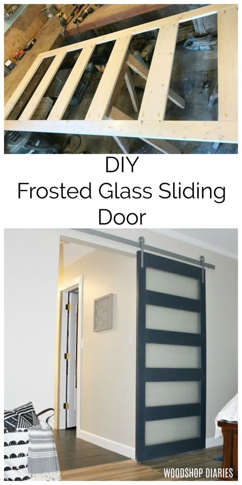 Looking for a unique, modern style DIY sliding barn door?  The frosted glass panels in this door give it a cool modern feel while allowing light to shine through, but blocking out and hiding what's behind it.  This tutorial walks you through how to build your own DIY modern frosted glass sliding door Frosted Glass Sliding Door, Build A Door, Diy Sliding Door, Glass Sliding Door, Building A Door, Door Plan, Modern Sliding Doors, Diy Sliding Barn Door, Glass Barn Doors