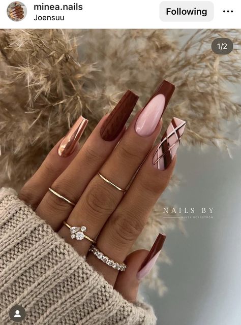 Fall Burberry Nails, Matte French Manicure, Brown Chrome Nails, November Nail Designs, Brown Chrome, Brown Acrylic Nails, Brown Nails Design, Chrome Nails Designs, November Nails