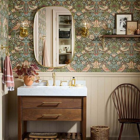 Strawberry Thief by William Morris at Morris & Co. Bathroom Vanity Bowl Sink, Vanity Bowl Sink, Antique Style Bathroom, Traditional Bathroom Mirrors, Vintage Bathroom Vanity, Edwardian Architecture, Small Bathroom Wallpaper, Georgian Colonial, William Morris Wallpaper