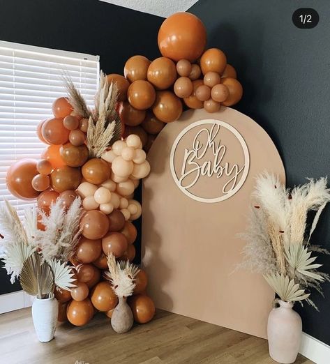 Orange And Brown Gender Reveal, Terracotta Gender Reveal, Fall Boho Balloon Garland, Gender Reveal Ideas For Party Theme November, Boho Fall Gender Reveal, Terracotta Balloon Garland, Terracotta Balloon Arch, Boho Baby Shower Balloon Arch, Rust Party Decor