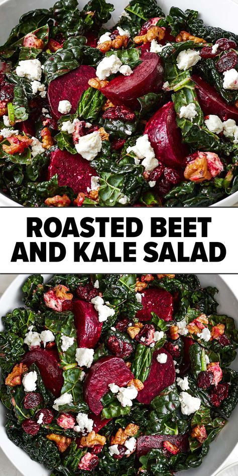 Roasted beet and kale salad recipe Kale And Beet Salad, Beet And Kale Salad, Salad With Dried Cranberries, Homemade Balsamic Vinaigrette, Beet And Goat Cheese, Beet Salad Recipes, Roasted Beet Salad, Kale Salad Recipes, Beet Recipes