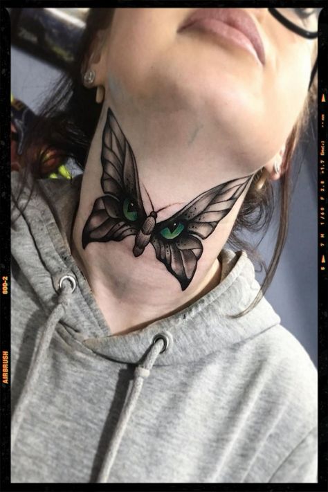 Butterfly Throat Tattoos Women, Neck Tattoos Women Throat Butterfly, Butterfly Neck Tattoos Women, Butterfly Throat Tattoo, Throat Tattoos Women Simple, Neck Butterfly Tattoo, Neck Tattoos Women Throat, Butterfly Tattoo Neck, Neck Tattoo Cover Up