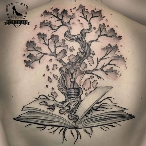 Rooted Book Tree Tattoo Design Book Tree Tattoo, Campfire Tattoos, Tattoos For Back, Moutain Tattoos, Books Tattoo, Tea Tattoo, Bookish Tattoos, Tree Tattoos, Literary Tattoos