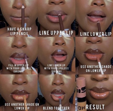 Follow us on Pinterest for more ideas on what to save to your boards. Black Women Lip Gloss, Simple Lip Liner Looks, Black Lip Liner Black Women, Lip Makeup Tutorial Black Women, Lip Liner And Gloss Combo Black Women, Nude Makeup Black Women, Lip Liner Tutorial, British Makeup, Nude Lipgloss