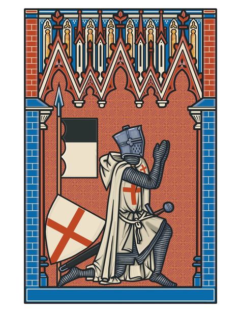 Praying Knight, Templar Knight, Medieval Tattoo, Knight Tattoo, Medieval Artwork, Crusader Knight, Border Designs, Knight Art, Medieval Manuscript