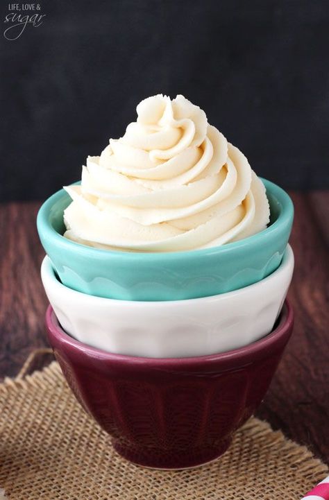 Vanilla Buttercream Icing - not your typical buttercream, so much better! Life Love And Sugar, Smooth Buttercream, Vanilla Buttercream Icing, Vanilla Buttercream Frosting, Smooth Cake, Buttercream Frosting Recipe, Cakes And Cupcakes, Buttercream Icing, Scrumptious Desserts