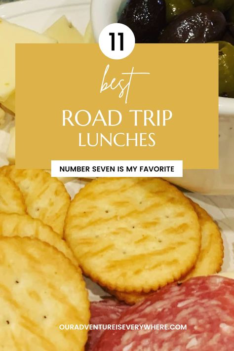 Lunch On The Road Ideas, Road Trip Snack Ideas For Adults, Road Trip Packed Lunch, Vegetarian Road Trip Meals, Packable Food For Travel, Homemade Snacks For Road Trip, Travel Dinner Ideas Road Trips, Lunch Ideas On The Road, Easy Road Trip Lunches