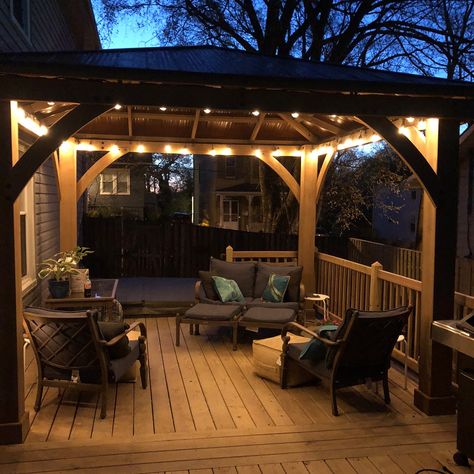 New Costco Yardistry gazebo on our new deck with LED outdoor lights from Costco and a fan. So happy with how it turned out. Pergola Decor, Gazebo Lighting, Gazebo Ideas, Balkon Decor, Patio Deck Designs, Backyard Gazebo, Pergola Design, Covered Deck, Backyard Pergola