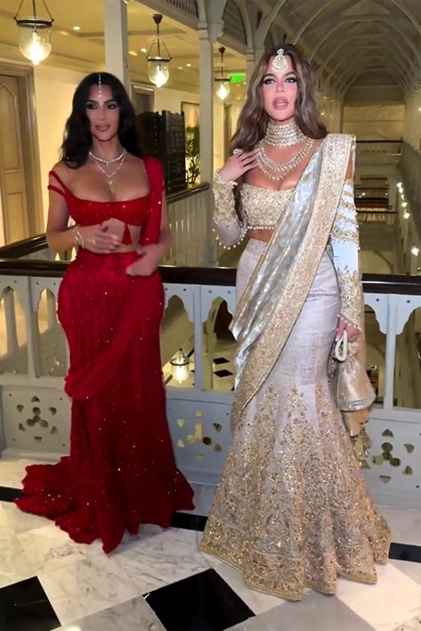 Billionaire Heir Anant Ambani Marries Radhika Merchant in India Kardashian Indian Wedding, Khloe Kardashian Indian Wedding, Kim Kardashian Indian Outfit, Sister Of Bride Dress, Khloe Kardashian Wedding, Indian Wedding Outfits Sisters, Kim Kardashian Style Dress, Kim And Khloe Kardashian, Traditional Dresses Indian