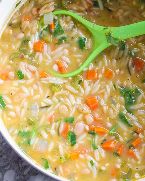 White Bean Orzo Soup - Vegetarian or add chicken White Bean Orzo, Soup With Orzo, Broth Bowls, Lemon Orzo, How To Cook Orzo, Orzo Soup, Soup Broth, Rosemary Sprigs, Cannellini Beans