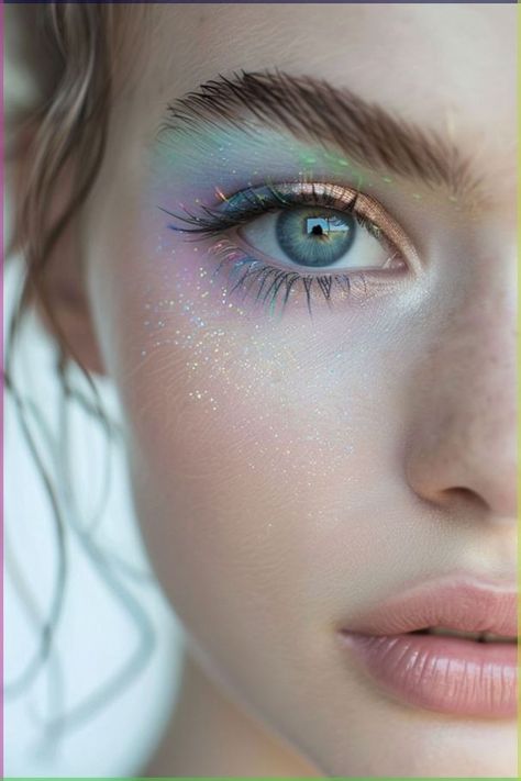 Fairy Princess Wedding Makeup, Bridal Makeup Colorful, Fairy Makeup For Hooded Eyes, Fairy Wedding Makeup Look, Wedding Eye Makeup For Blue Eyes, Fantasy Fairy Makeup, Fairy Eyeshadow Look, Soft Colorful Makeup, Fae Inspired Makeup