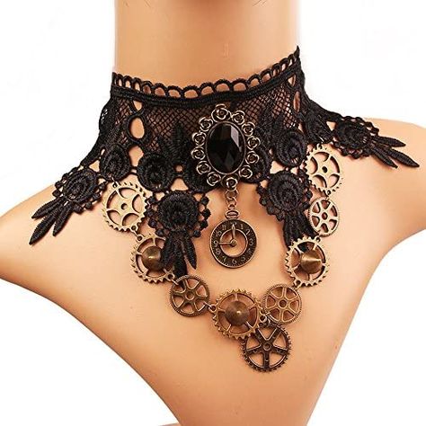 MIUNIKO Women Party Gothic Steampunk Gear Collar Choker Necklace Party Accessories, Makeup - Amazon Canada Steampunk Choker, Black Lace Necklace, Punk Costume, Moda Steampunk, Steampunk Halloween, Gothic Chokers, Motifs Perler, Steampunk Gears, Collar Choker