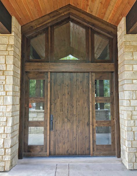 With its angular divided transom and generous sidelights, this dramatic entry is almost 14 feet tall.  Built of knotty alder wood with a dark walnut stain, this one is guaranteed to impress. Grand Entryway Exterior Front Entrances, Big Entry Door, Double Front Entry Doors With Transom, Big Front Doors, Double Entry Doors Wood, Double Wood Front Doors, Stained Alder Wood, Interior Door Color, Rustic Entry Doors