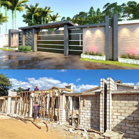 Perimeter Wall, Open Gate, House Fence, Gate Wall Design, House Main Gates Design, House Fence Design, Fence Designs, Wall Fence, Back Garden Design