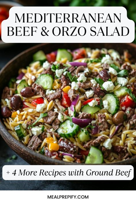 A fresh Mediterranean beef and orzo salad in a bowl, with herbs, olives, and veggies, perfect for a healthy meal prep option. Meal Prep With Ground Beef, Meal Ideas With Ground Beef, Beef Orzo, Mediterranean Beef, Delicious Ground Beef Recipes, Ideas With Ground Beef, Recipes Using Ground Beef, Veggie Frittata, Beef Lettuce Wraps