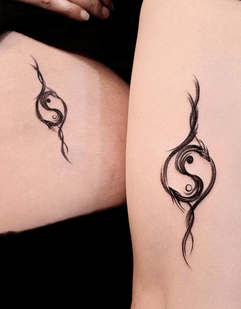 Yin-Yang Minimalist Dragon Tattoo Avatar Dragon Dance Tattoo, Intertwined Dragons Tattoo, Year Of The Dragon Tattoo For Women, Yin Yang Minimalist Tattoo, Simple Ying Yang Tattoo, Dragon Ying Yang Tattoo, Tattoos About Balance, Ying Yang Couple Tattoo, Terrapin Tattoo