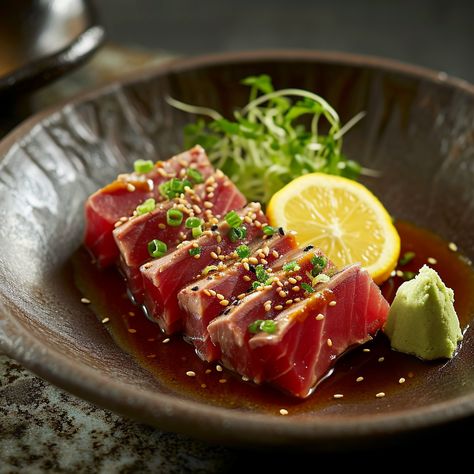 Tuna Tataki Tuna Fresh Recipes, Tuna Tataki Recipe, Tataki Sauce Recipe, Raw Tuna Recipes, Tuna Entree, Tuna Fish Recipe, Tuna Sashimi Recipe, Tuna Seared, Tataki Tuna