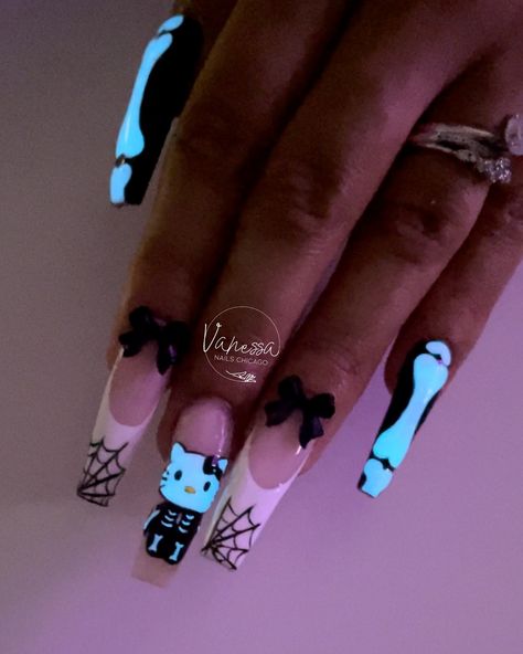 Slide to see this beauty glow in the dark 😍😍 andddd, let the spooky season begin 🥰 Inspo: @nailfilinaa #spookynails #halloweennails #halloweennailart #nailart #nailtech #chicagonailtech #chicagonailartist #nailartist #nailaddict #spookyseason Spooky Halloween Nails Glow In The Dark, Halloween Nail Art, Nail Artist, Nail Tech, Halloween Nails, Spooky Halloween, Glow In The Dark, Nail Art, Nails