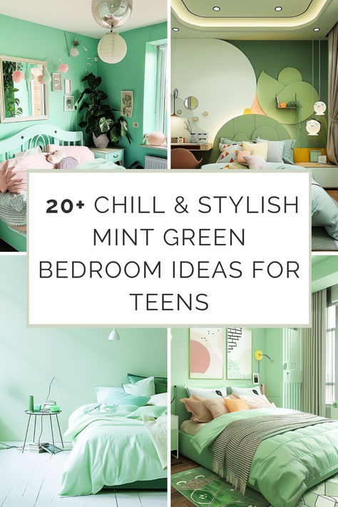 Collage of four trendy teen bedroom designs with mint green color schemes, featuring stylish decor and cozy arrangements, titled '20+ Chill & Stylish Mint Green Bedroom Ideas for Teens Light Green Kids Room, Mint Bedroom Ideas, Green Teen Bedroom, Girls Teal Bedroom, Mint Green Bedroom Ideas, Teen Bedroom Green, Rooms For Girls Teenagers, Mint Green Room, Green Bedroom Colors